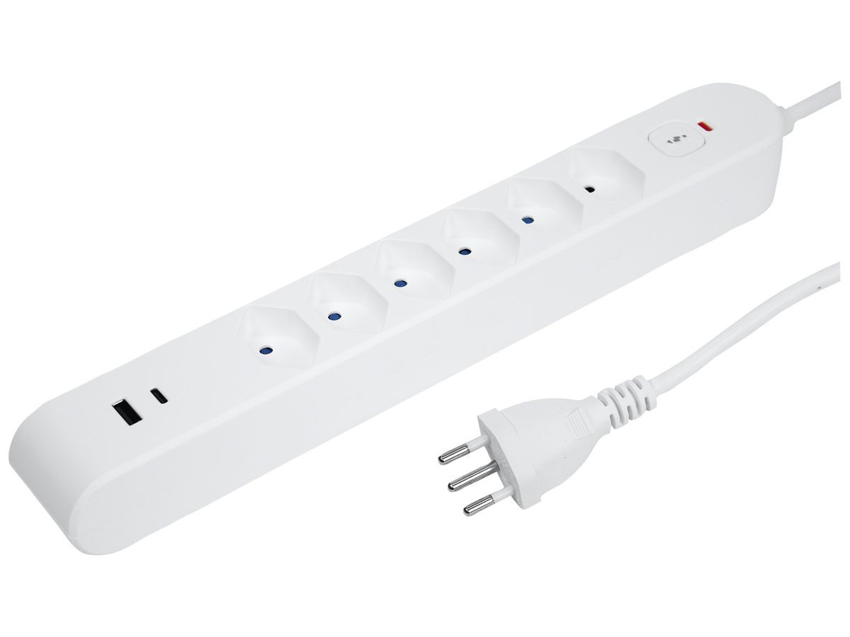 Steckdosenleiste Steffen STEBA IQ 6×T13 1×USB-A 1×USB-C PD 3m weiss