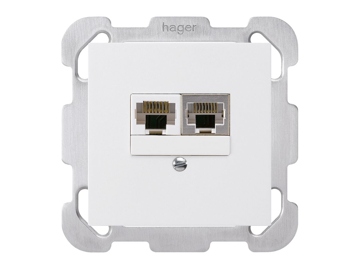 UP-Dose kallysto 2×RJ45s+u getrennt weiss mit Befestigungsplatte