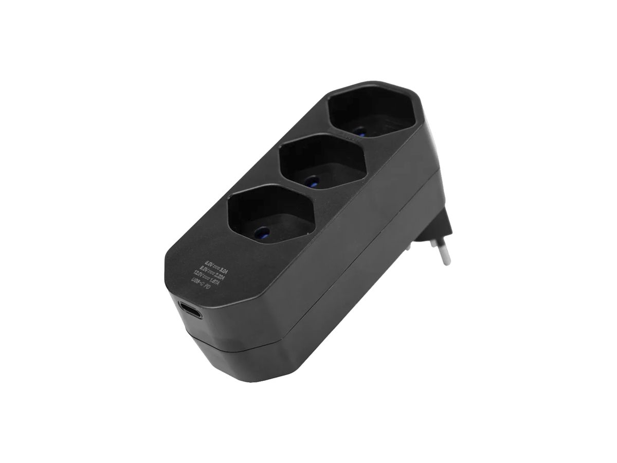 Mehrfachstecker A. Steffen MANTA 10A 3×T13 + 1×USB-C PD schwarz