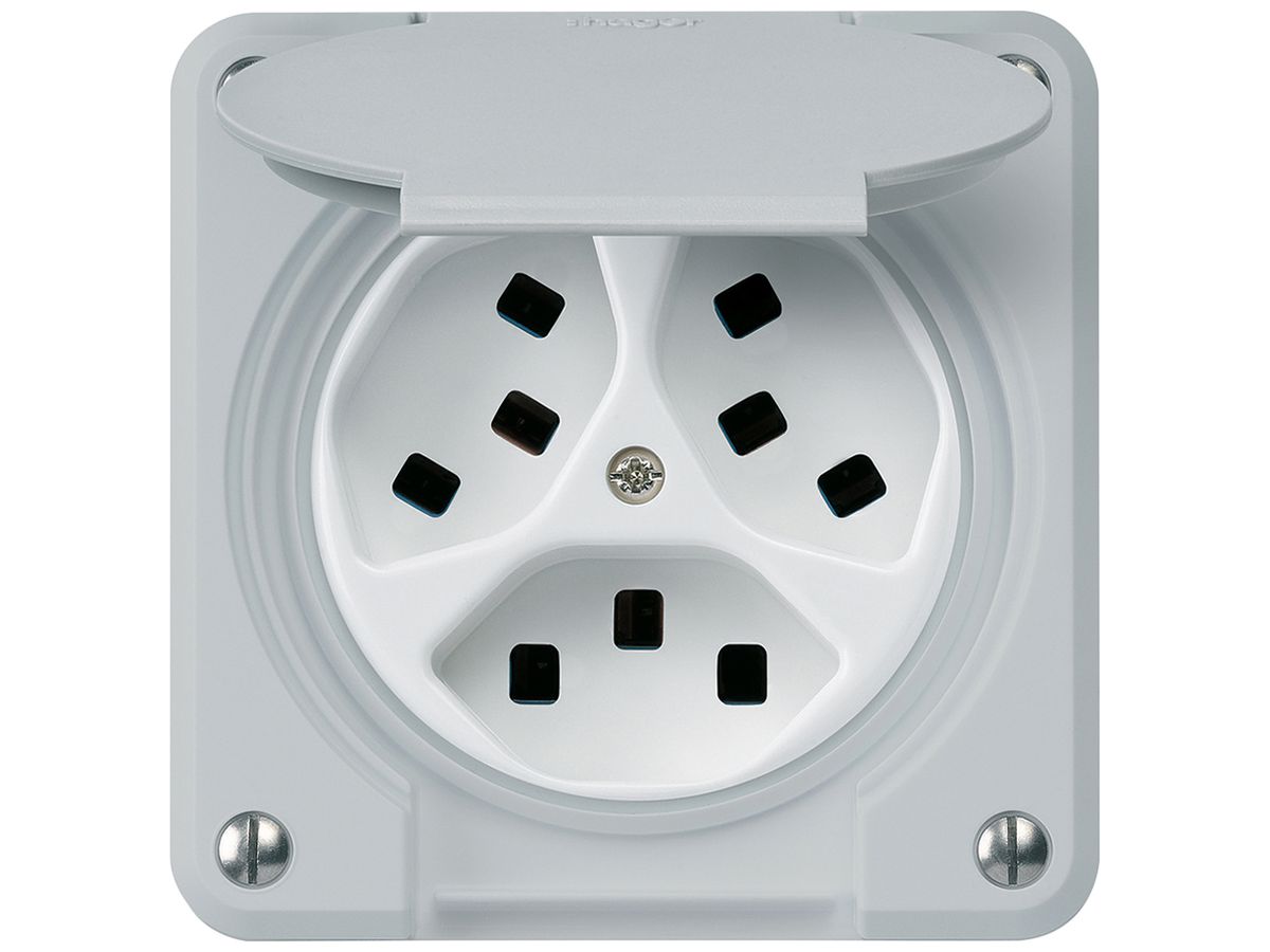 UP-Steckdose Hager robusto, 3×T23, mit Klappdeckel C, grau