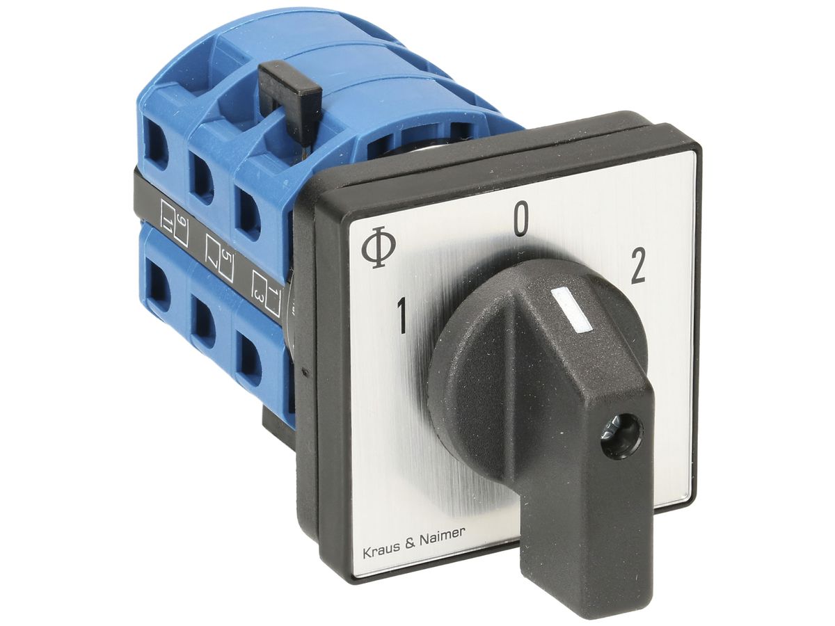 EB-Drehschalter K&N, 25A/690V 3L, Griff sz, 48×48mm, Ø6mm, "1-0-2"