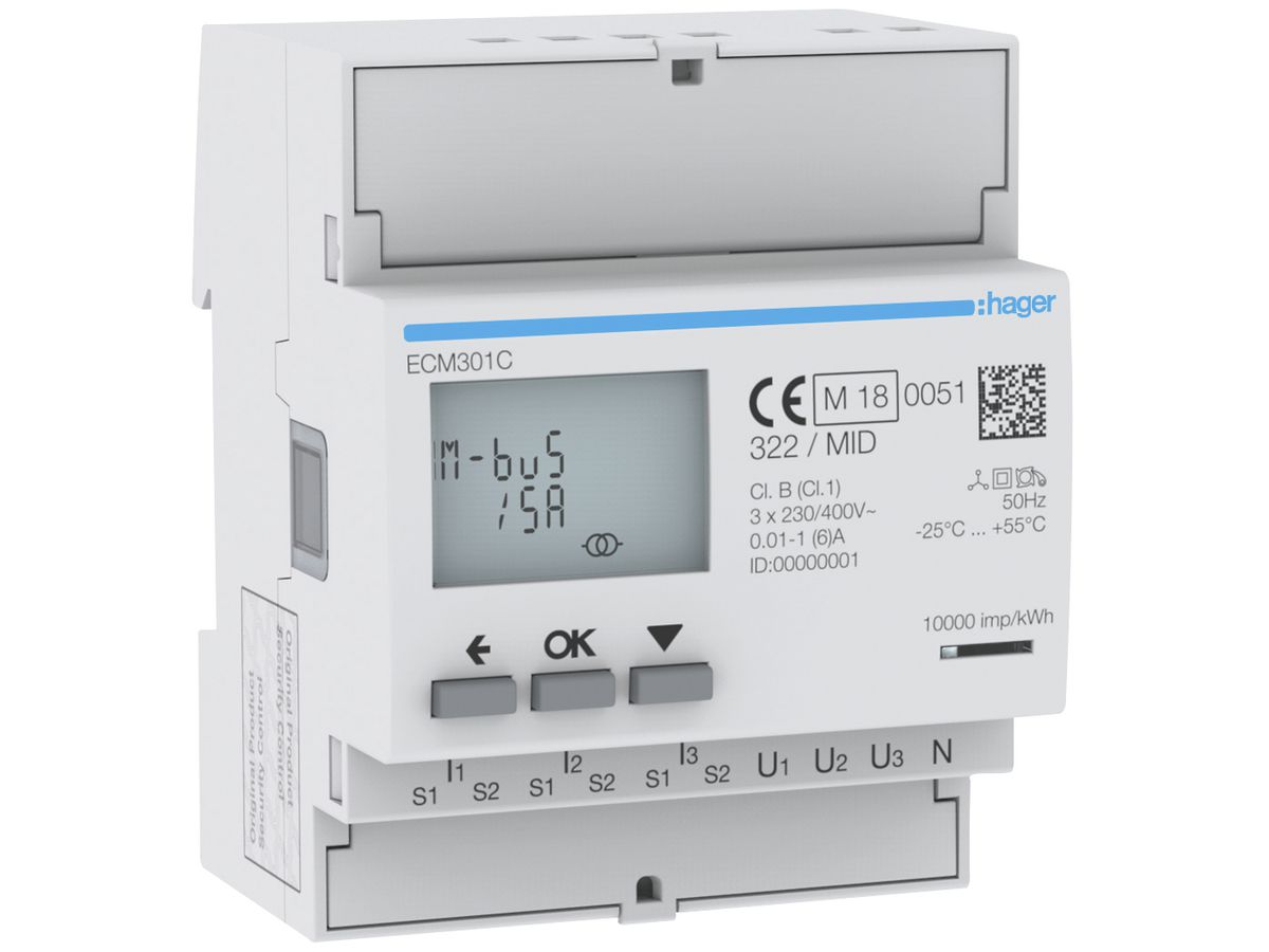 REG-Energiezähler HA ECM301C 3P indirekt x/5A M-Bus MID Import+Export 2T+2T