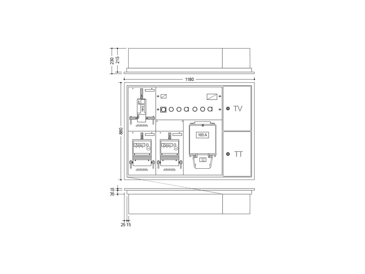 UP-Zählerkasten HAG 2 Zähler 1 NKE 1 Hausanschlusskasten 1 TT 1 TV 1180×880mm