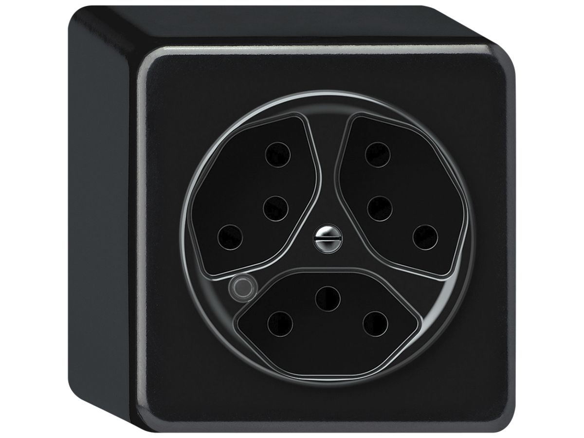 AP-Steckdose origin 3×Typ 13 bel.grün 10A 230V 88×88×54mm schwarz
