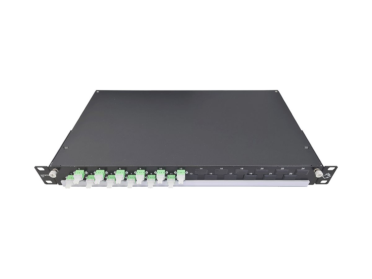 Spleissbox 19" Dätwyler OV-CH 12×LCD/PC grün OS2 versetzt 1HE schwarz