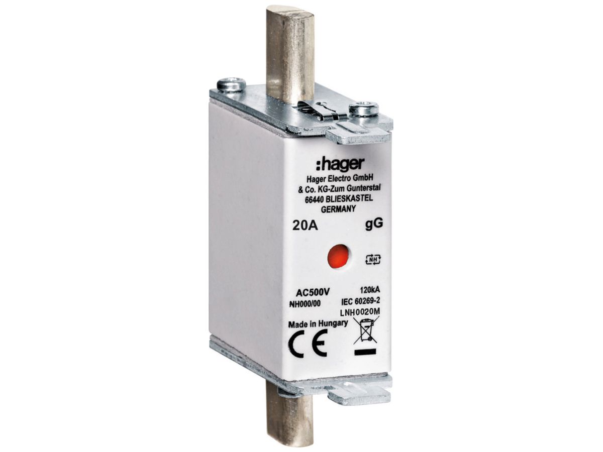 NH-Sicherung Hager DIN000 500VAC 20A gG/gL Doppelkennmelder rostgeschützt