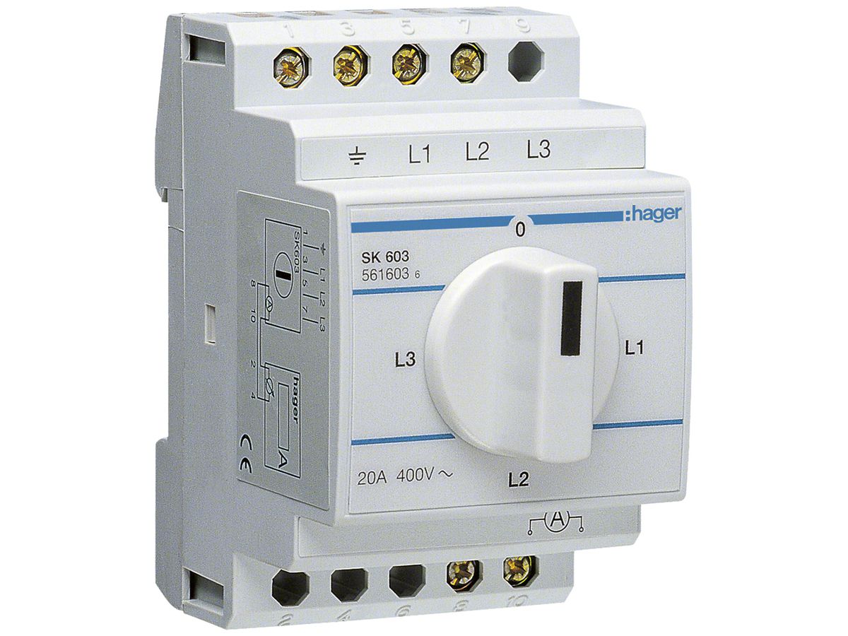 REG-Amperemeterumschalter Hager 20A 400V 0 Schliesser 0 Öffner 0 Wechsler 3TE