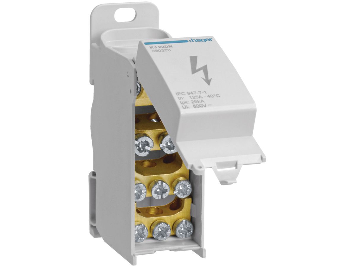 Verteilerblock Hager 125A 1L 2×10…35mm² + 2×2.5…25mm²+ 6×1.5…16mm²