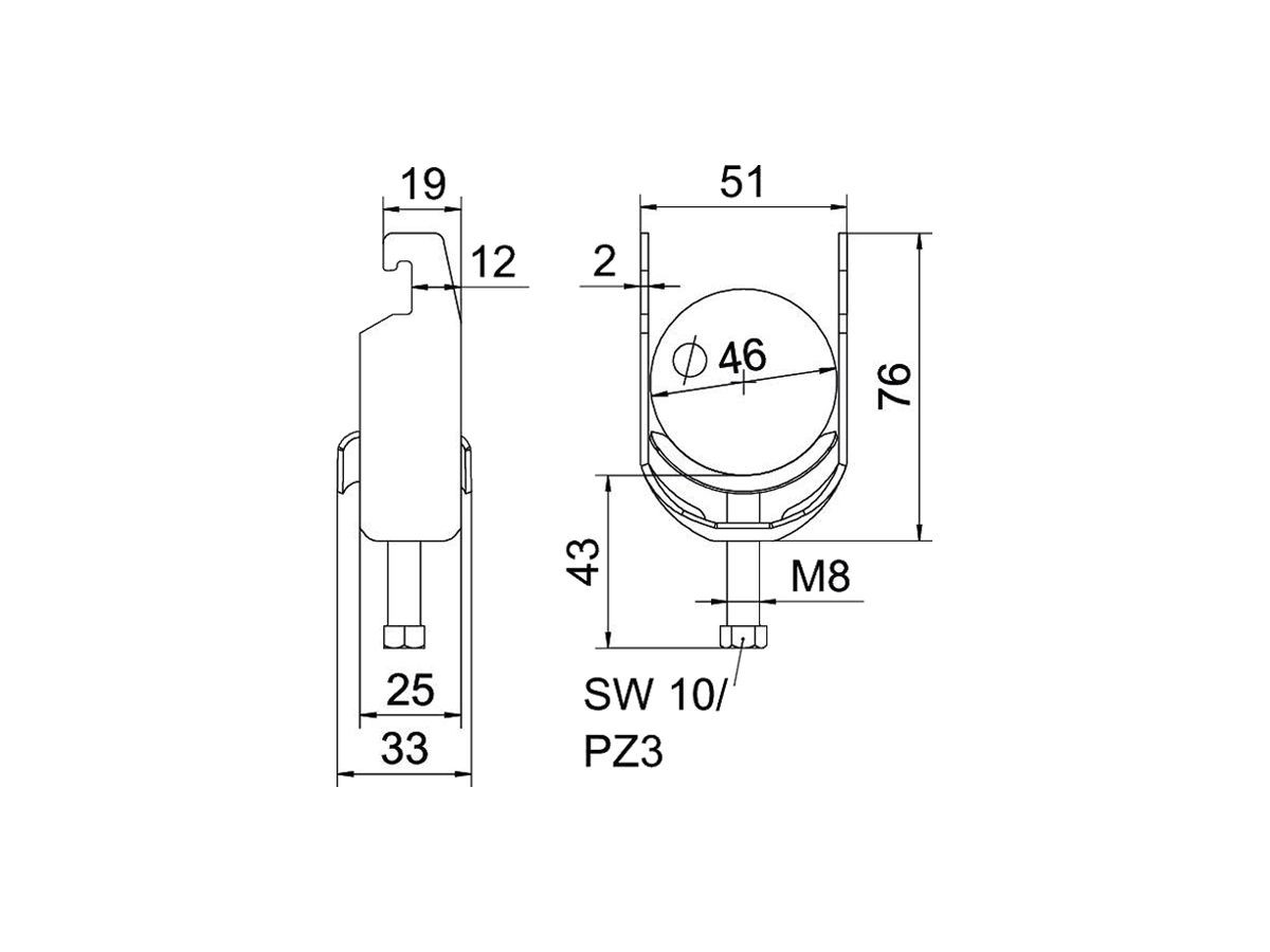 Schnellverleger BET 2056 U-Fuss Metall 40…46mm 1×Kabel A4 1.4571