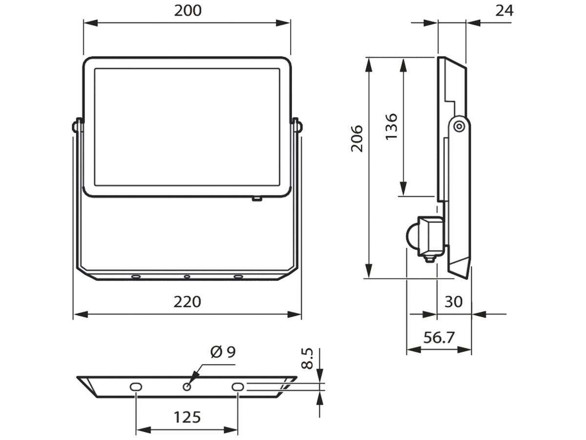LED-Strahler MAZDA BVP008 PIR SEN 50W 4700lm 4000K IP65 110° 223×210mm schwarz