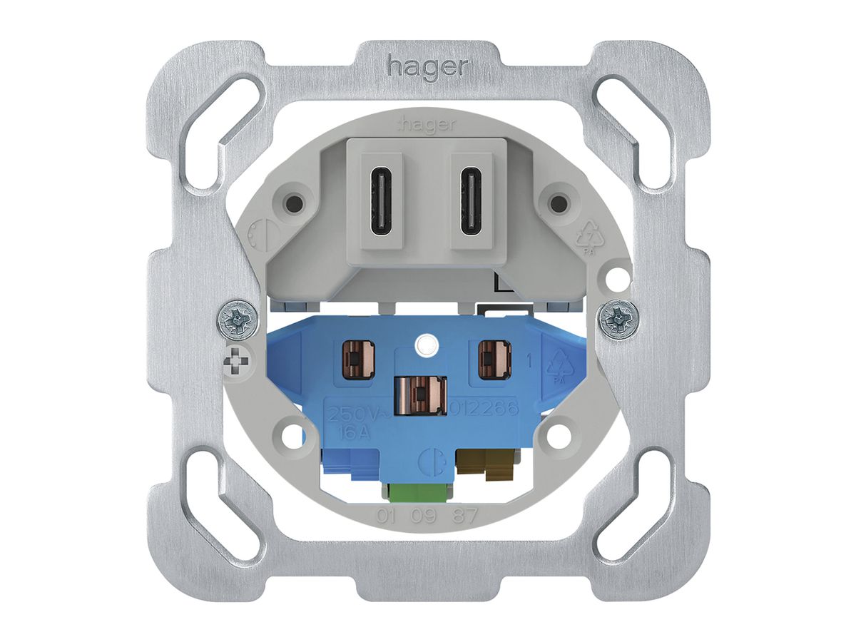 UP-USB-Ladesteckdose Hager C-C 20W+T13/23 5V 77×77mm aluminium