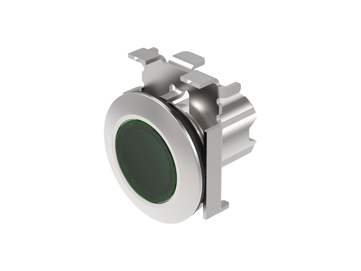 Leuchtdrucktastervorsatz EAO45 flach grün Ø30.5mm IP67/IP69K Ring grau