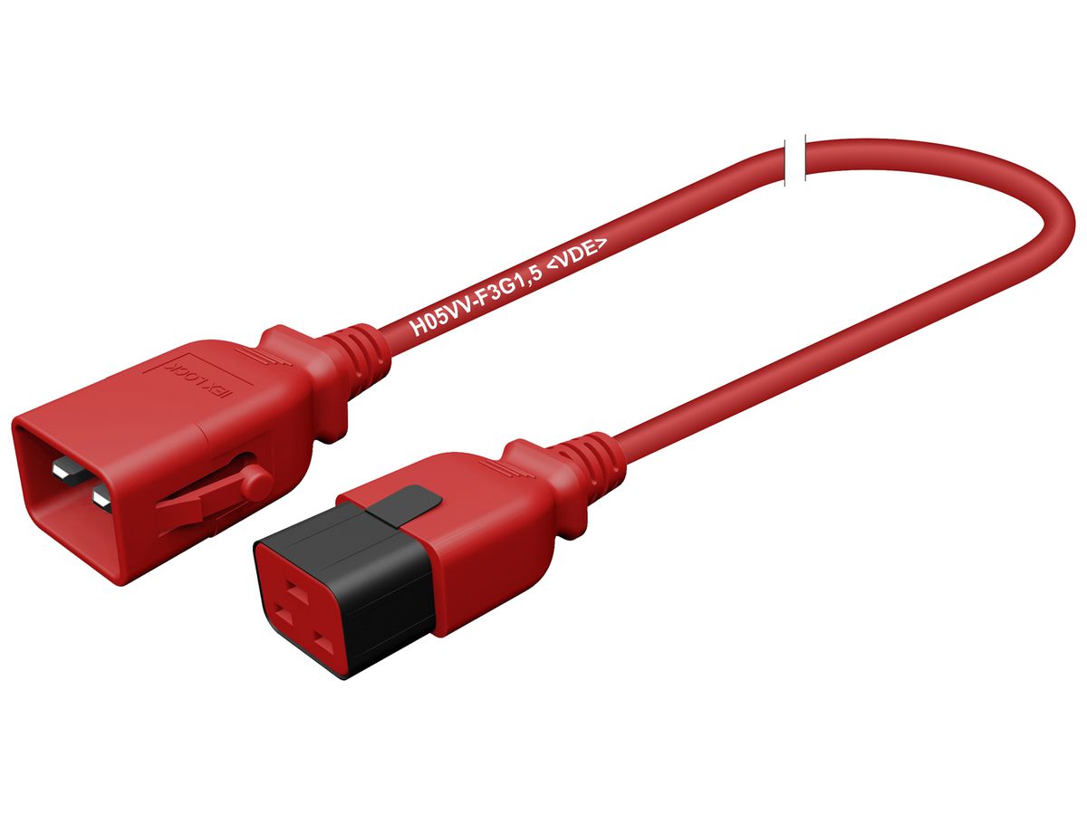 Apparatekabel Stecker C20 Buchse C19 verriegelt 3×1.5mm² 250VAC/16A rot 1m