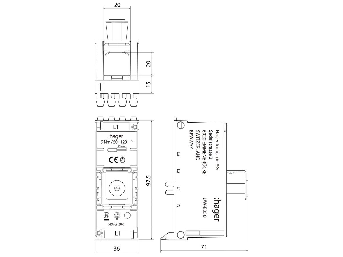 Einspeisemodul Hager uniway 250A, L3, ohne Abdeckhaube, Breite 36mm