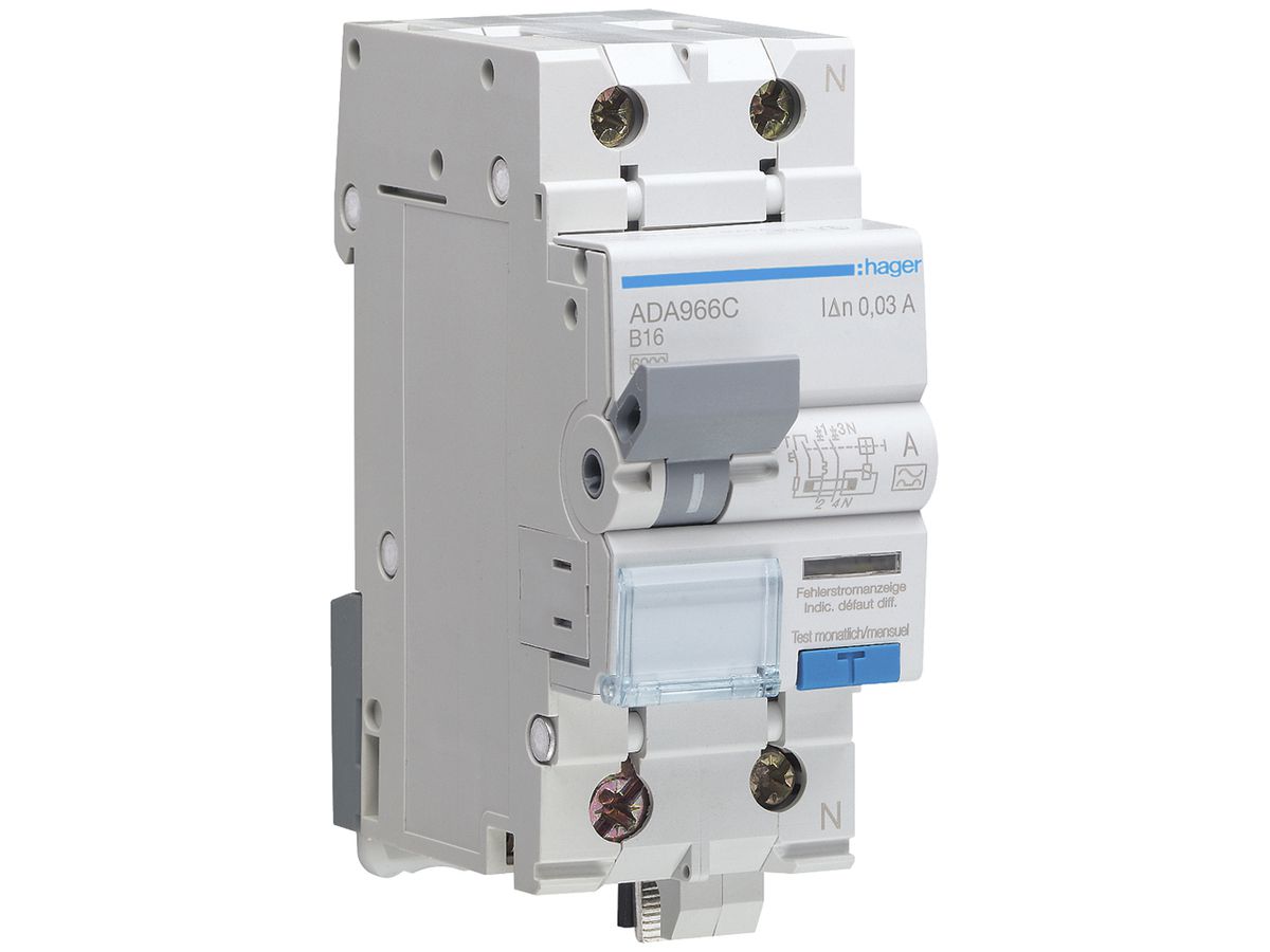 FI/LS-Schalter Hager RCBO 2P 230V Charakteristik B 16A 0.03A Typ A 2TE