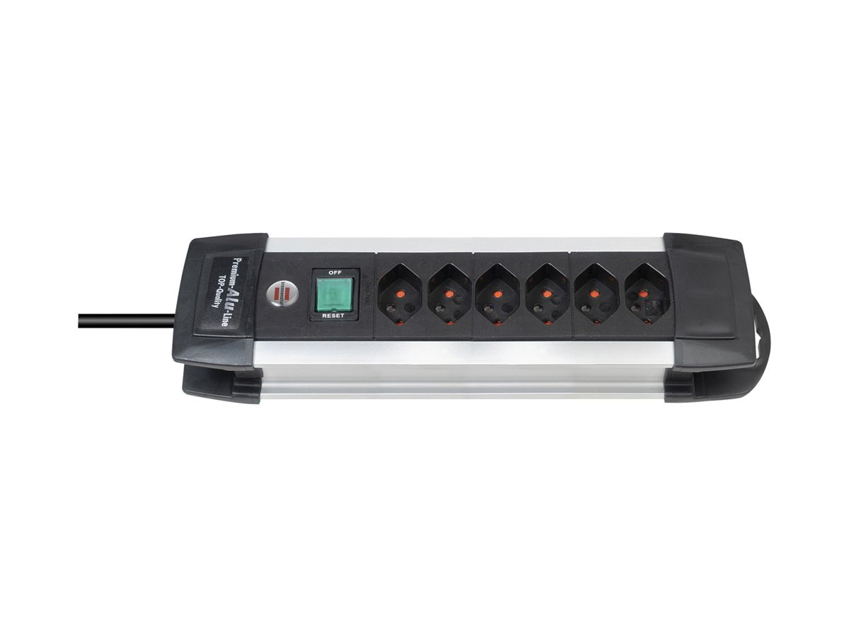 Steckdosenleiste Premium-Alu-Line Schalter 6×T13 3m H05VV-F 3×1.5mm² alu/sz