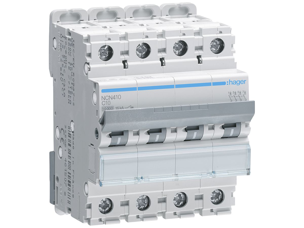 Leitungsschutzschalter Hager MCB 4P 415V Typ C 10A Icn 10kA Icu 15 kA 4TE