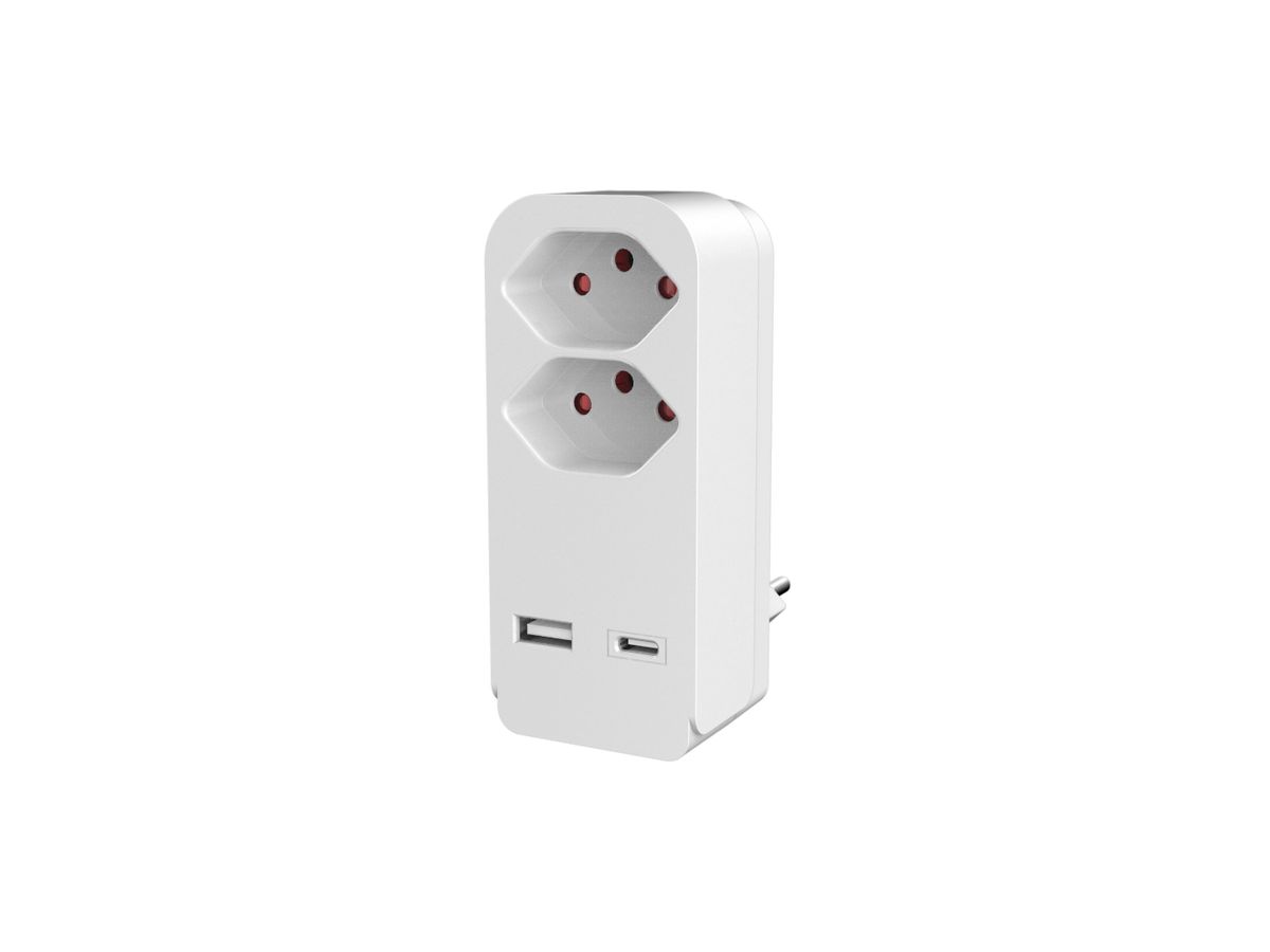 Mehrfachstecker ELBRO 2×T13, 1×USB-C, 1×USB-A, weiss, mit teilisolierten Stiften