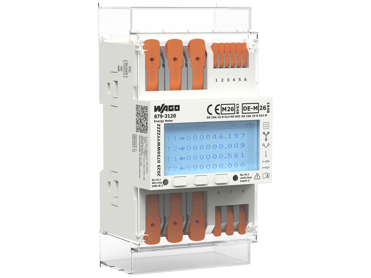REG-Energiezähler WAGO MID26 3LN direkt 5A Multitarif elektrisch RS-485 4TE S0