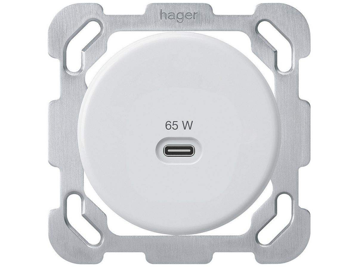 UP-USB-Ladesteckdose Hager basico Typ C 65W 3250mA m.Besfestigungsplatte weiss