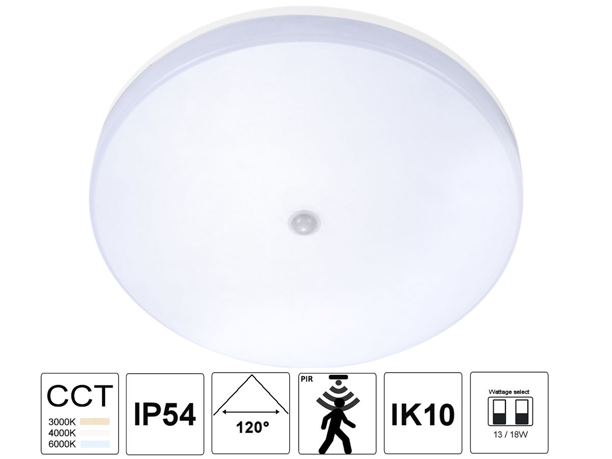 LED-Decken/Wandleuchte PIR Aron weiss - 13/18W, 3000/4000/6000K, IP54, 28cm