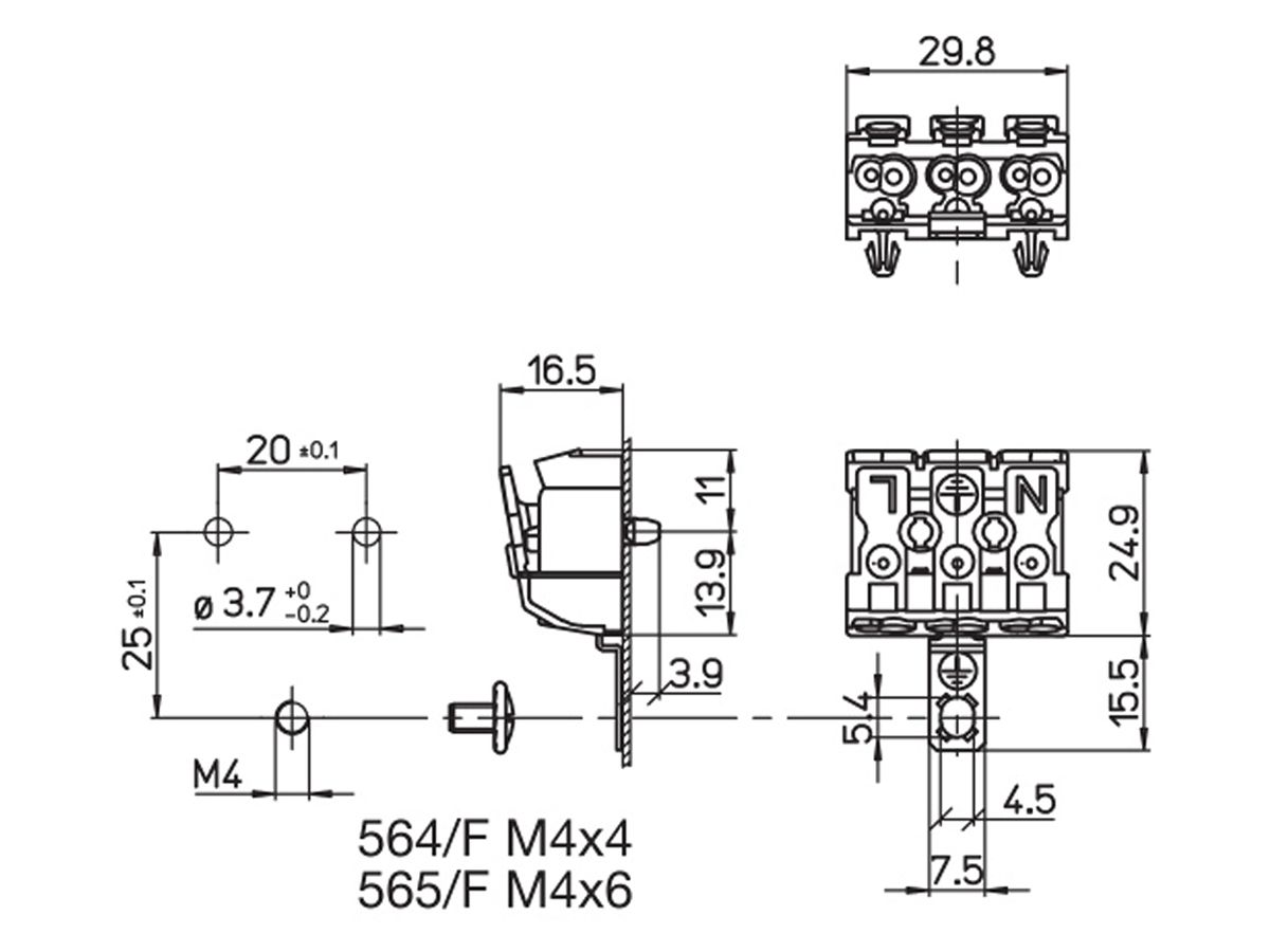 Verbindungsklemme 3P 0.5…2.5mm² Betätigungshebeln Erdungsbügel ws