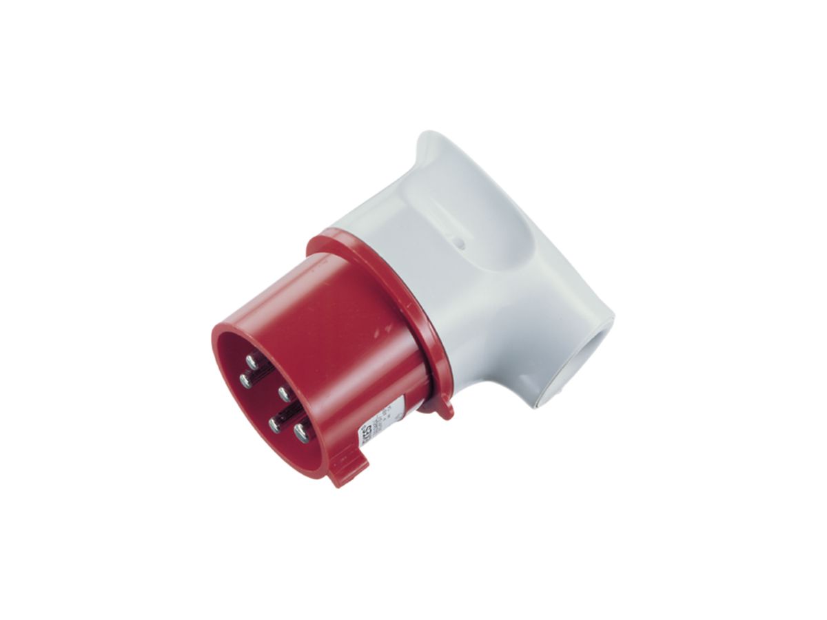 Winkelstecker CEE 32A 5P 6h 400V rot mit Kabelknickschutz