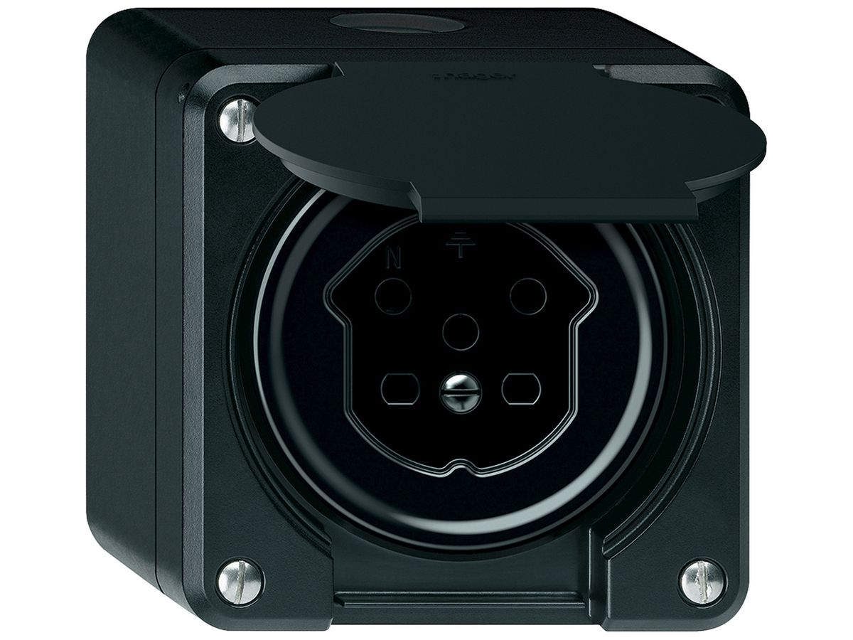 AP-Steckdose robusto 1×T15 10A 400V 86×86mm IP21 schwarz