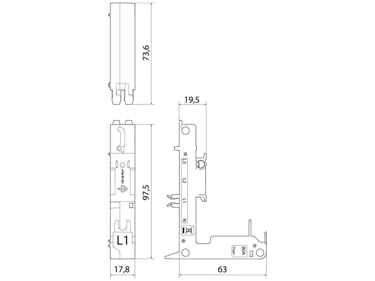 Adapter Hager uniway Bi-Connect 80A, 1P, L1