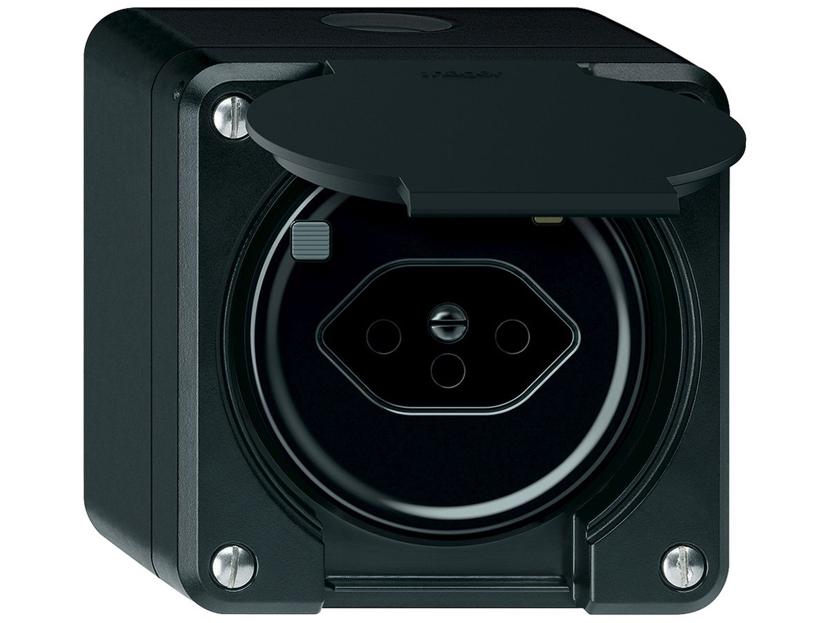 AP-Steckdose FI robusto 1×T13 30mA 10A 250V 86×86mm IP21 schwarz