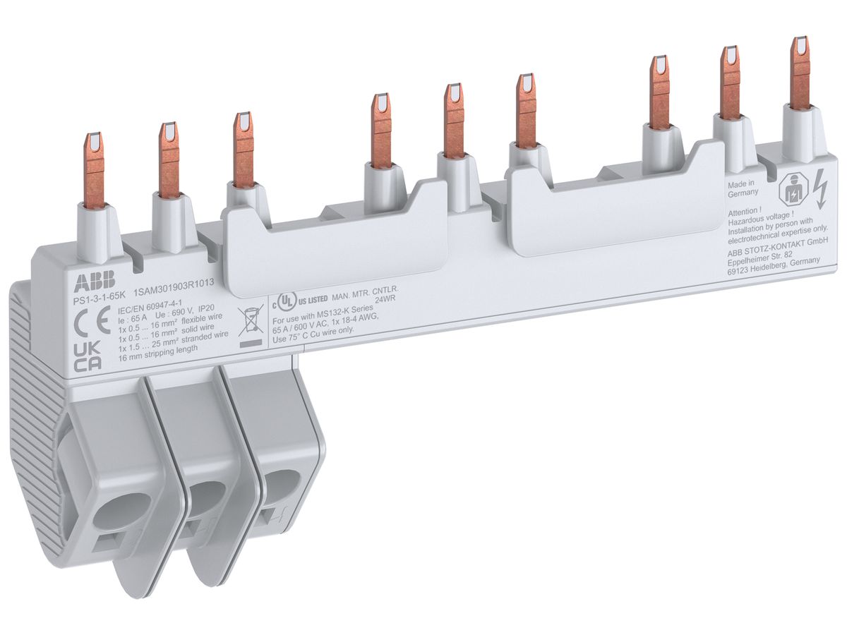 Phasenschiene ABB PS1-3-1-65K, für 3×MS132-K+0.5TE 3L 65A 149.9mm Push-In