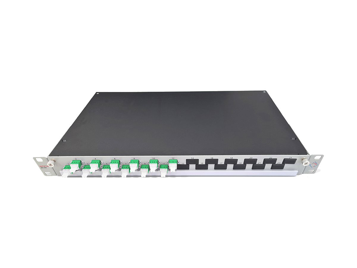 Spleissbox 19" Dätwyler OV-CH 12×LCD/PC grün OS2 versetzt 1HE Silber