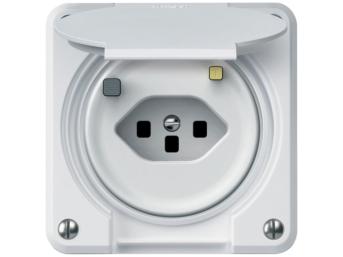 UP-Steckdose FI robusto 1×T13 30mA 10A 250V 86×86mm IP21 weiss