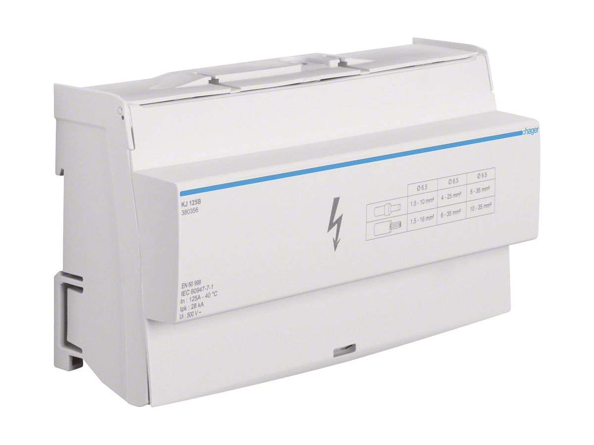 Messingschienenverteiler Hager 4L 125A 1×10…35mm²/3×6…35mm²/11×1.5…16mm²