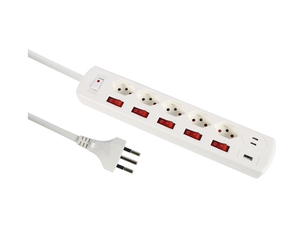 Steckdosenleiste 10A m.Ein-/Ausschalter 5×T13 1×USB-A 2×USB-C weiss