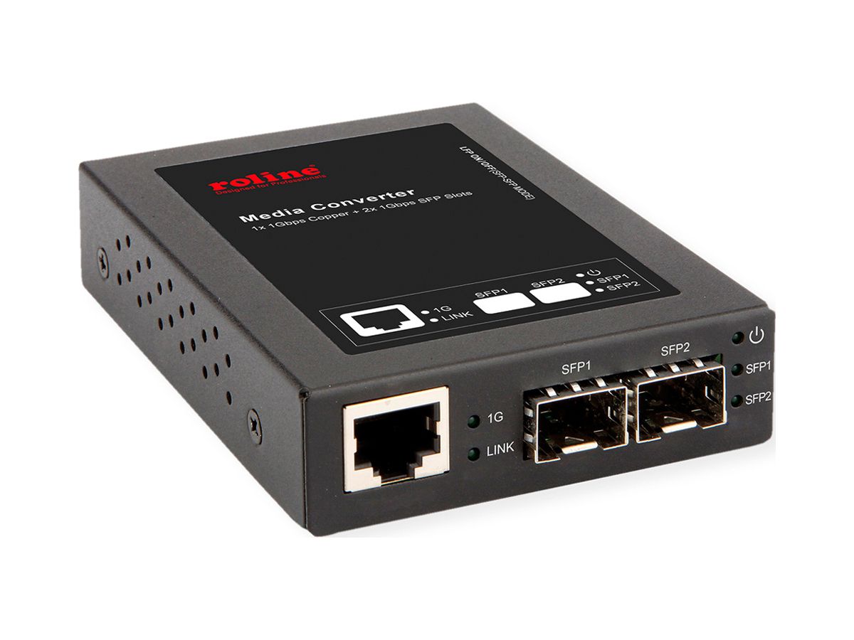 Konverter ROLINE 1×RJ45-GbE ↔ 2×SFP 5…12VDC