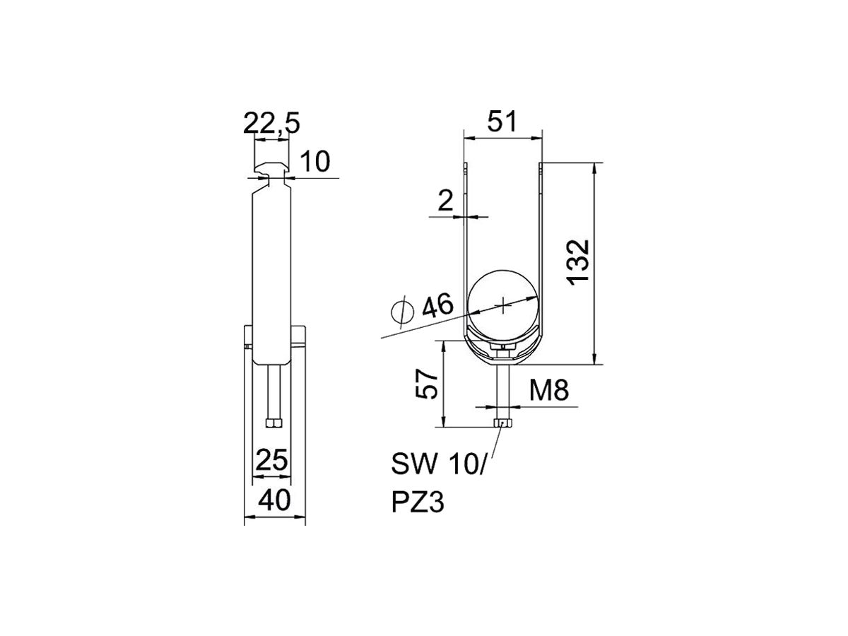 Schnellverleger BET 2056 H-Fuss Kunststoff 40…46mm 2×Kabel A2 1.4301