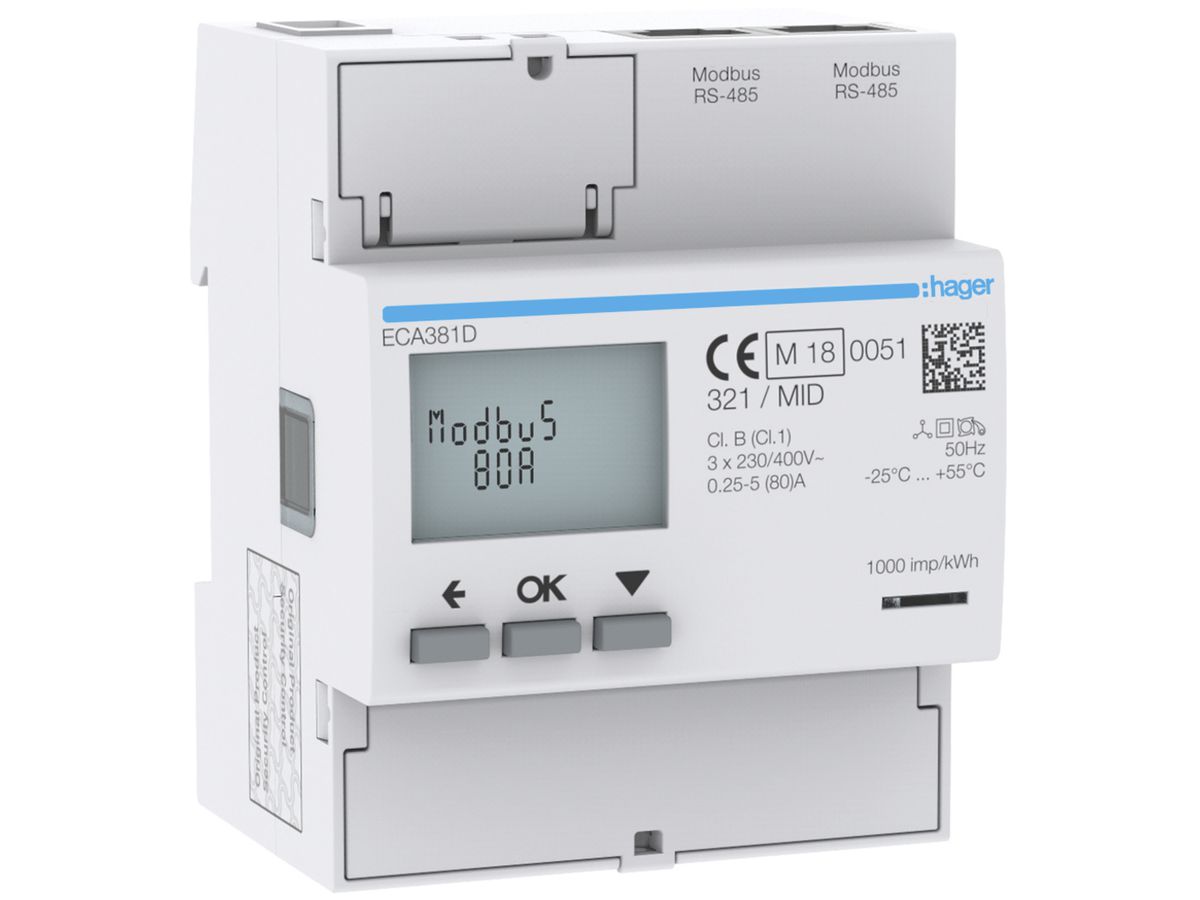 REG-Energiezähler HA ECA381D 3P direkt 80A Modbus RJ45 MID Import+Export 2T+8T