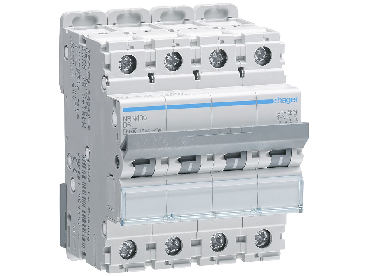 Leitungsschutzschalter Hager MCB 4P 415V Typ B 6A Icn 10kA Icu 15 kA 4TE