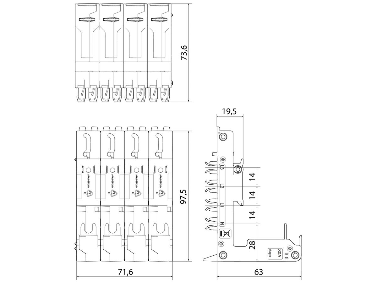 Adapter Hager uniway Bi-Connect 80A, 4P, L1L2L3N