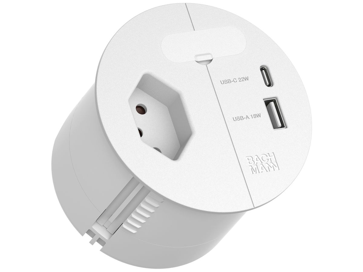 EB-Tischsteckdose BACHMANN LOOP IN CHARGE 1×T13 2×USB Ø80mm weiss matt T12
