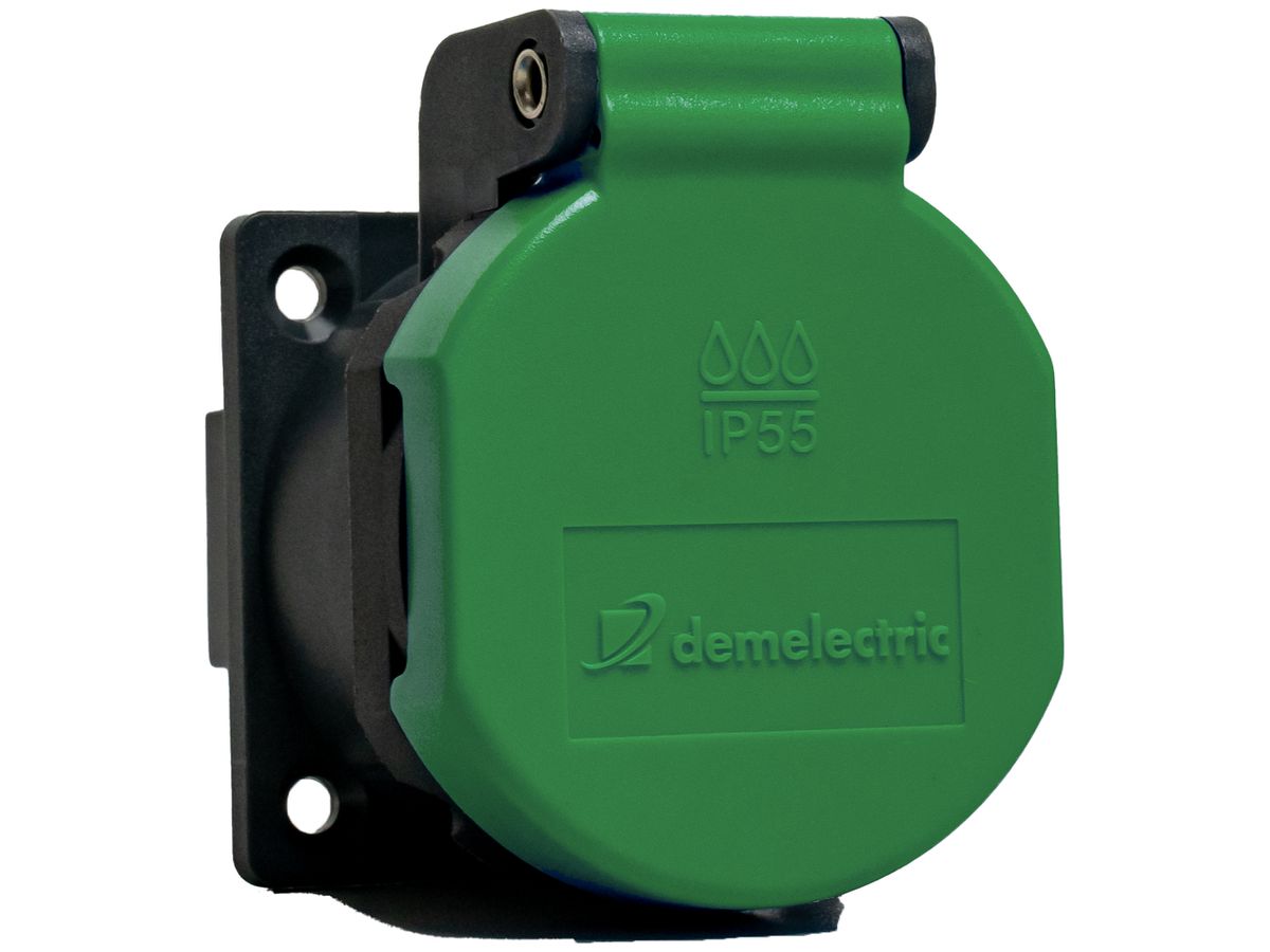 EB-Steckdose Typ 13 DEM IP55 10A 230V Dichtung IK07 anthrazit/Deckel grün