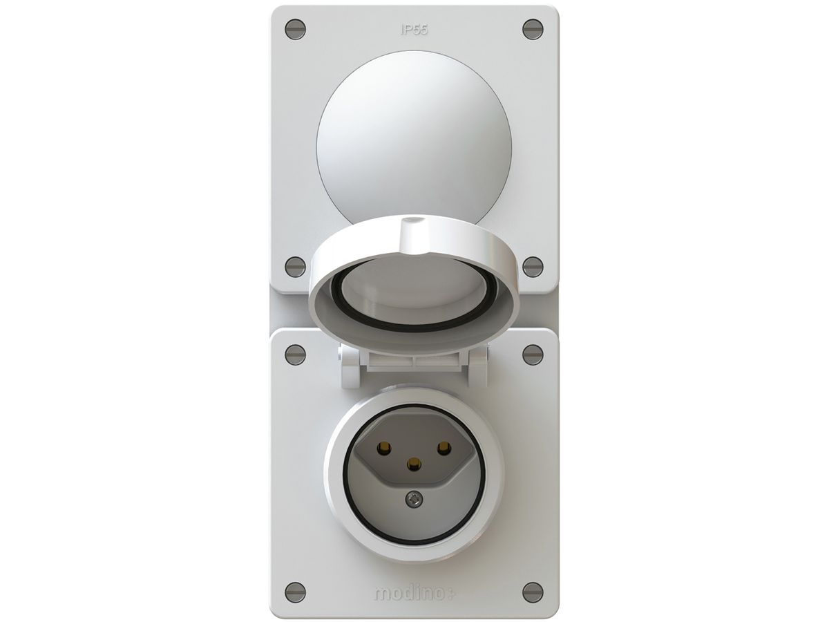 UP-Kombination EXO 2×1, Drucktaster AR/Steckdose Typ 13, IP55, weiss
