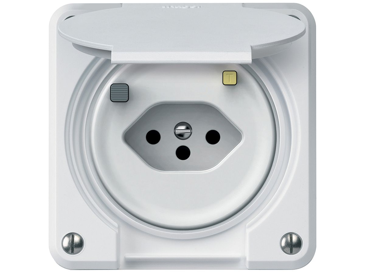Steckdose FI robusto 1×T13 30mA 10A 250V 86×86mm IP21 weiss