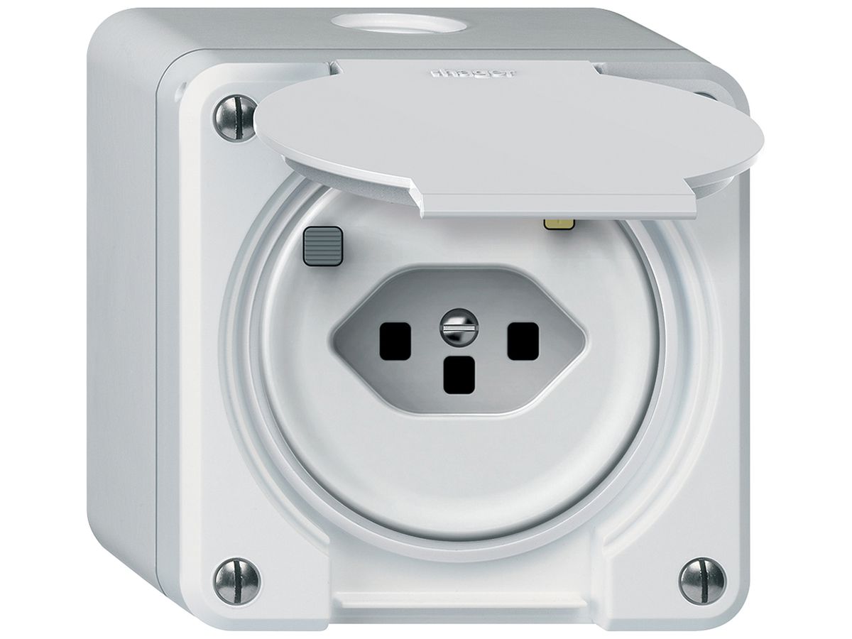 AP-Steckdose FI robusto 1×T13 30mA 10A 250V 86×86mm IP21 weiss