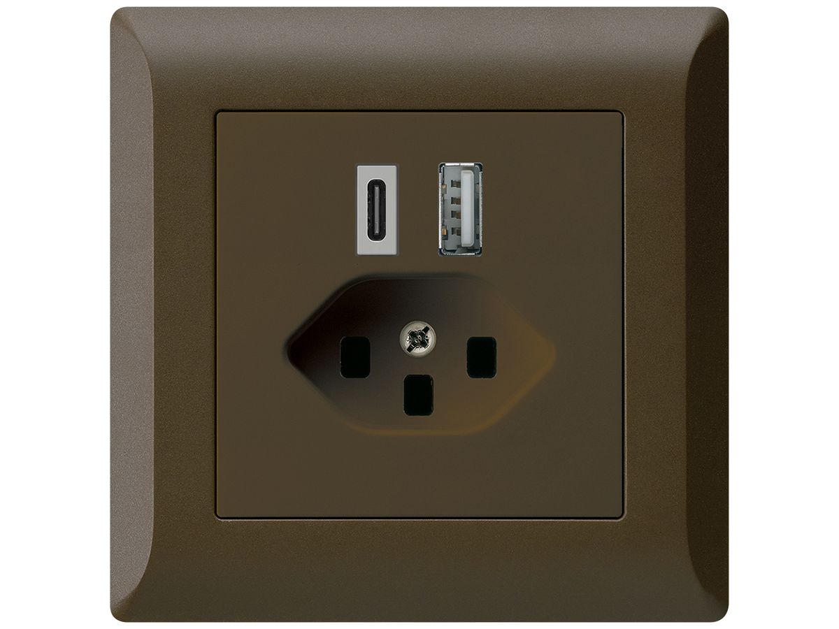UP-USB-Ladesteckdose kallysto.line 18W PD 1×Typ A 1×Typ C T23 braun