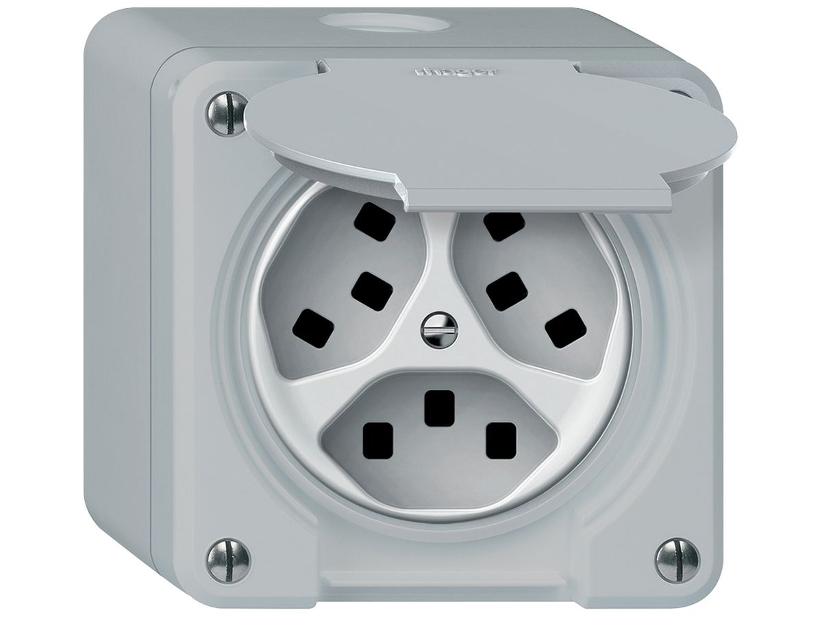 AP-Steckdose robusto 3×T23 16A 250V 86×86mm IP21 grau