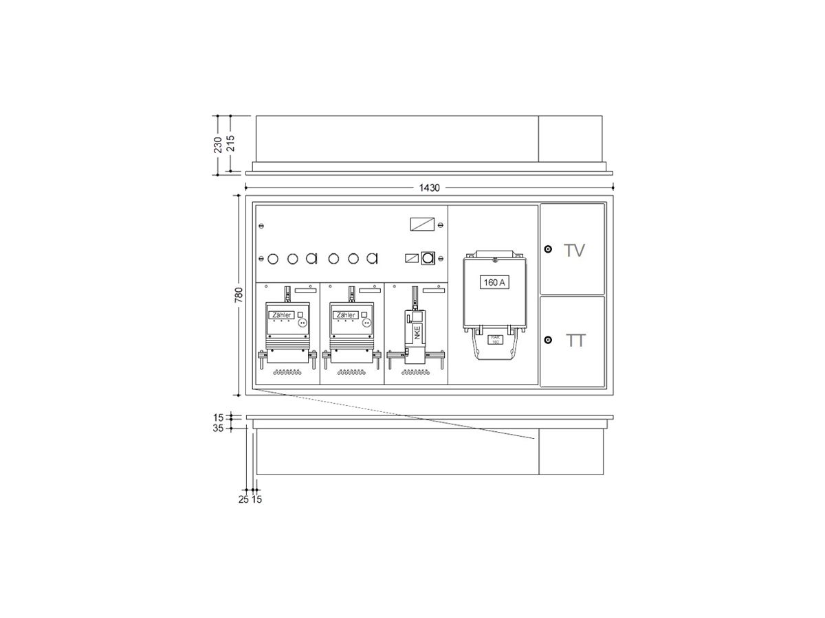 UP-Zählerkasten HAG 2 Zähler, 1 NKE, 1 Hausanschlusskasten, 1 TT, 1 TV