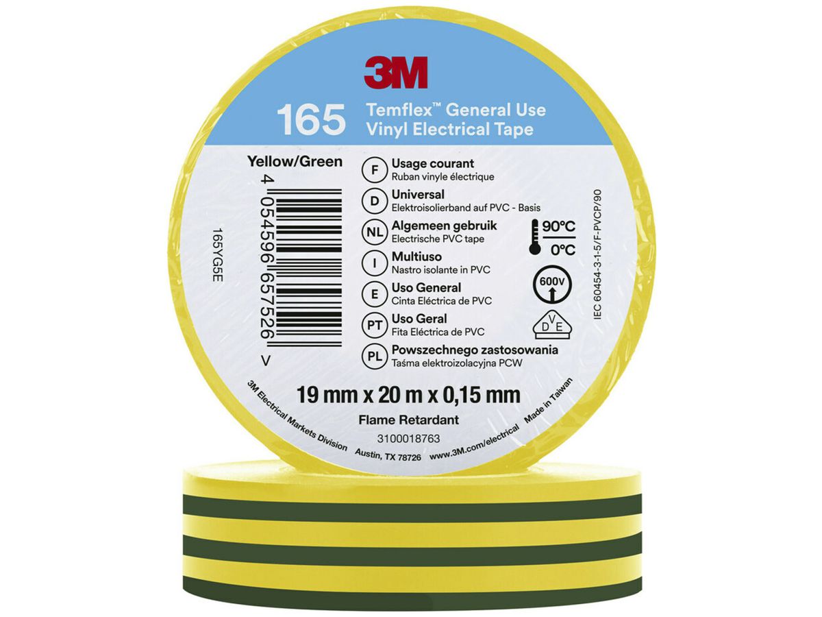 Isolierband 3M Temflex 165 19mm×20m×0.15mm grün/gelb VDE 600V 0…90°C
