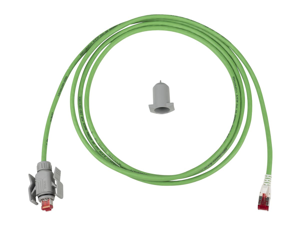 Patchkabel RJ45 R&MIndustrial, Kat.6A S/FTP, 4P, PUR LSZH grün, IP20↔IP67, 2.5m